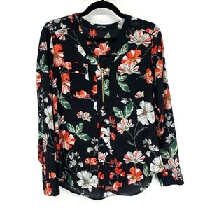 Express Top Black Floral Zip V Neck Roll Tab Long Sleeve
